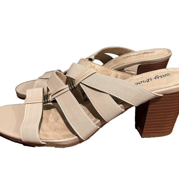 NEW Easy Street FLEX Women's 12 WIDE Slip on Block Heel Open Toe Tan Sandals - Picture 2 of 7